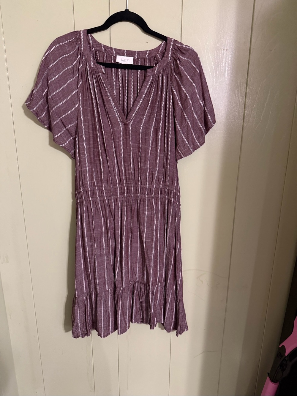 LOFT Mauve Striped V-Neck Flutter Dress